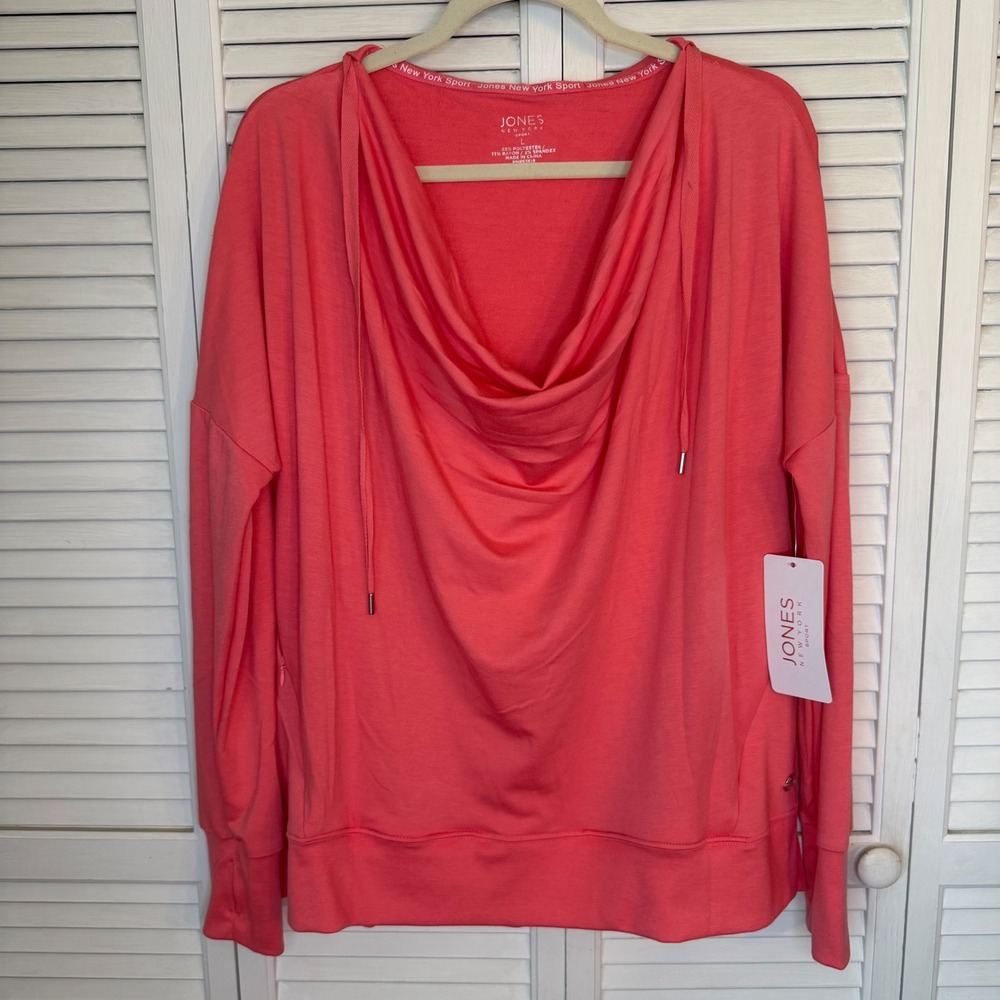 Jones New York Sport Womens Coral Hoodie Thumbhole Lightweight Top‎ Large NWT